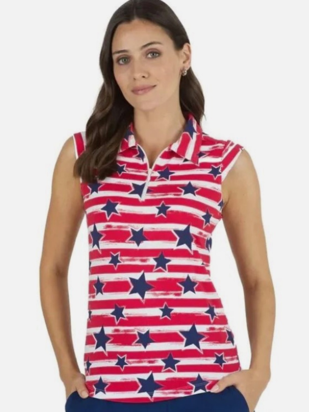 IBKUL Americana Sleeveless Zip Polo Shirt Women's XS Red White Blue 4th of July